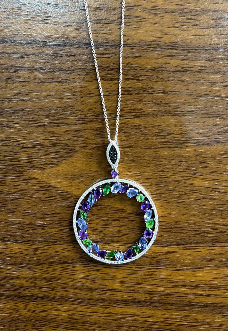Amethyst Green Tsavorite Blue Sapphire Diamonds 14K White Gold Pendant Necklace