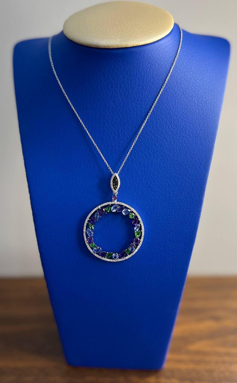 Amethyst Green Tsavorite Blue Sapphire Diamonds 14K White Gold Pendant Necklace