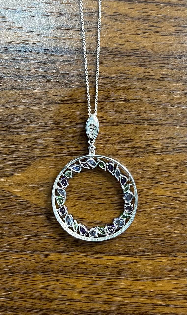 Amethyst Green Tsavorite Blue Sapphire Diamonds 14K White Gold Pendant Necklace