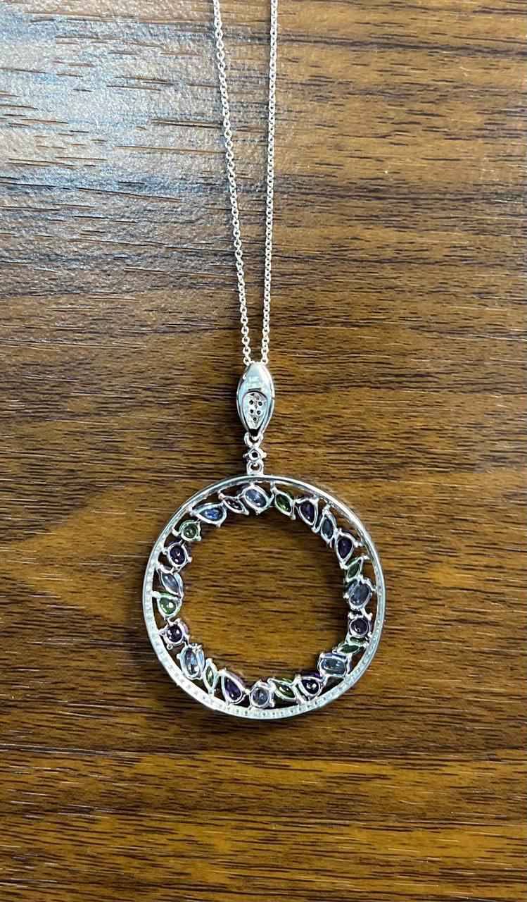 Amethyst Green Tsavorite Blue Sapphire Diamonds 14K White Gold Pendant Necklace