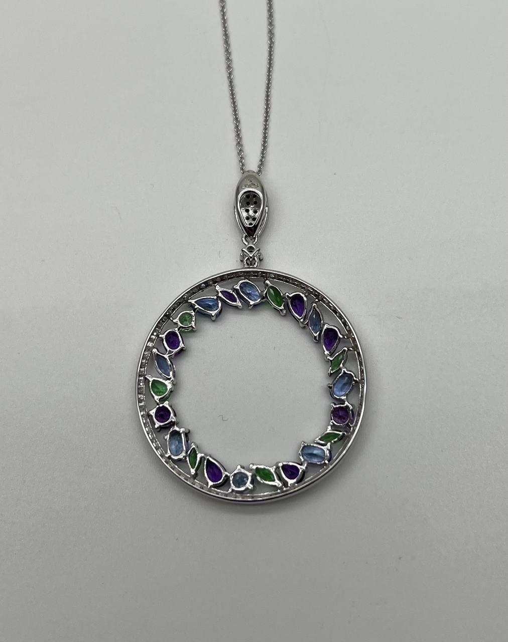 Amethyst Green Tsavorite Blue Sapphire Diamonds 14K White Gold Pendant Necklace
