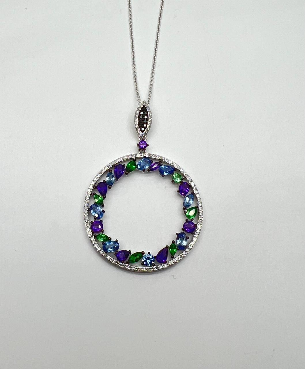 Amethyst Green Tsavorite Blue Sapphire Diamonds 14K White Gold Pendant Necklace