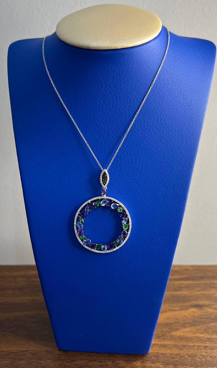 Amethyst Green Tsavorite Blue Sapphire Diamonds 14K White Gold Pendant Necklace