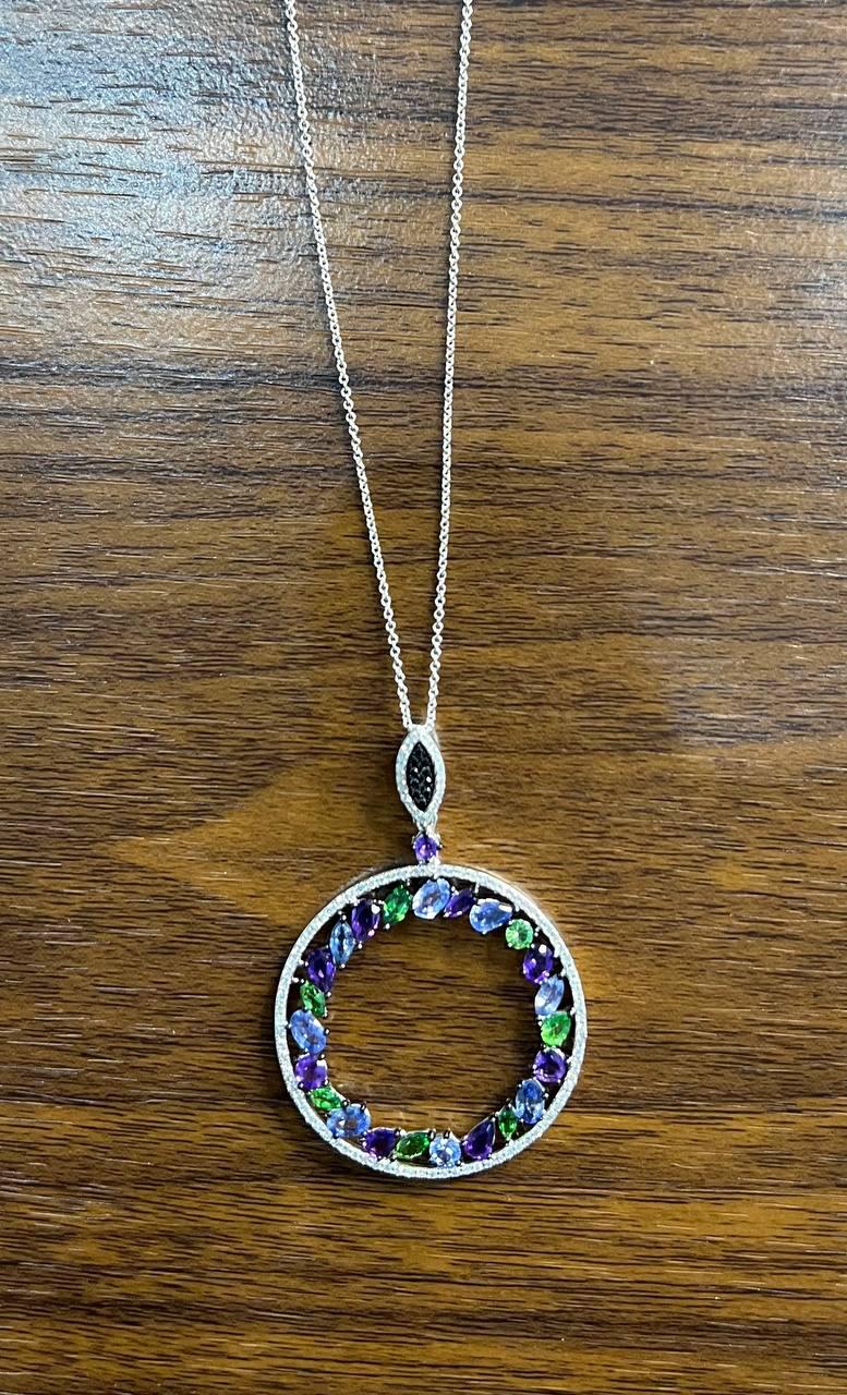 Amethyst Green Tsavorite Blue Sapphire Diamonds 14K White Gold Pendant Necklace