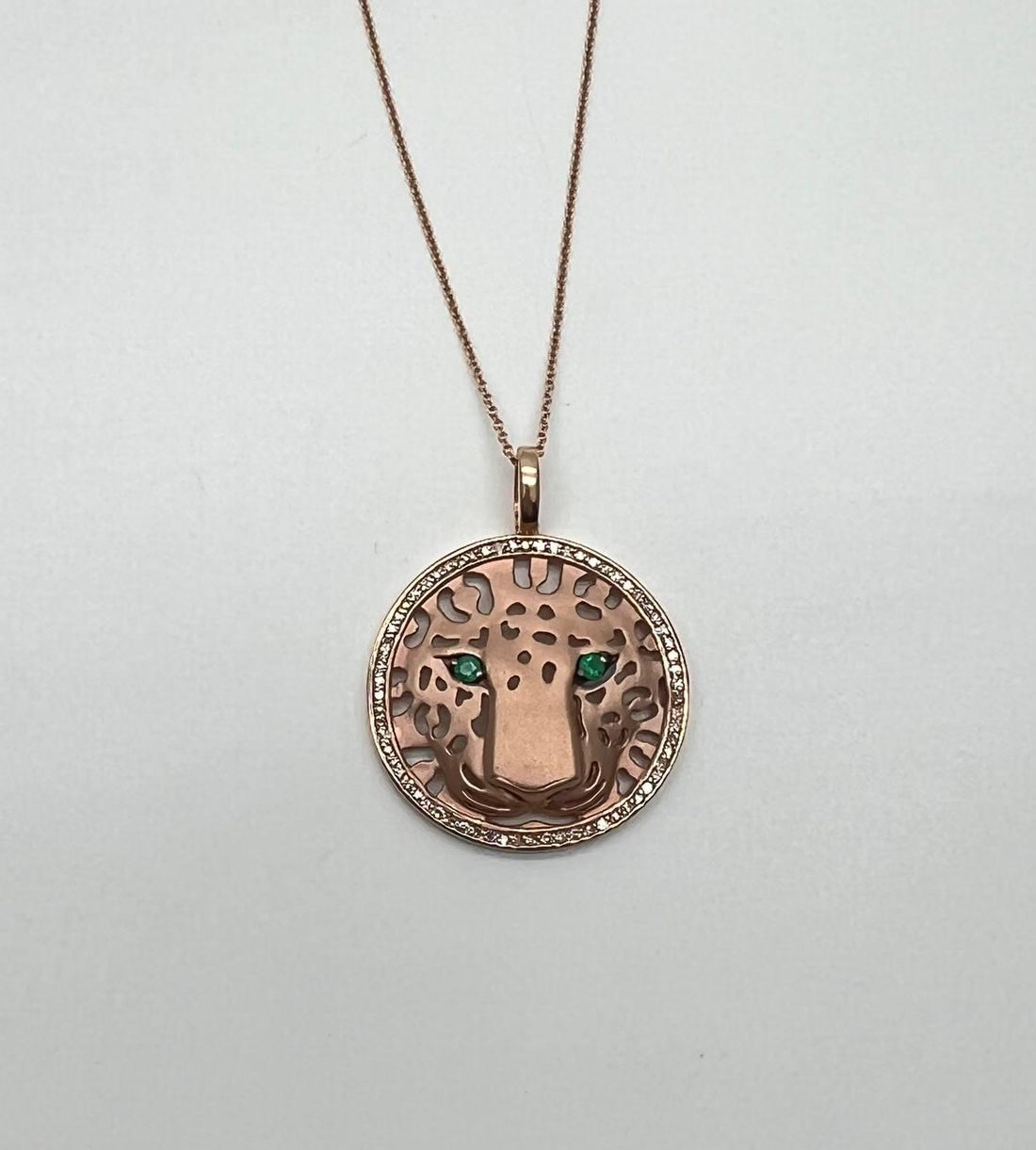 Diamonds Leopard Jaguar Panther Tiger Halo Rose Gold Pendant Medallion Necklace