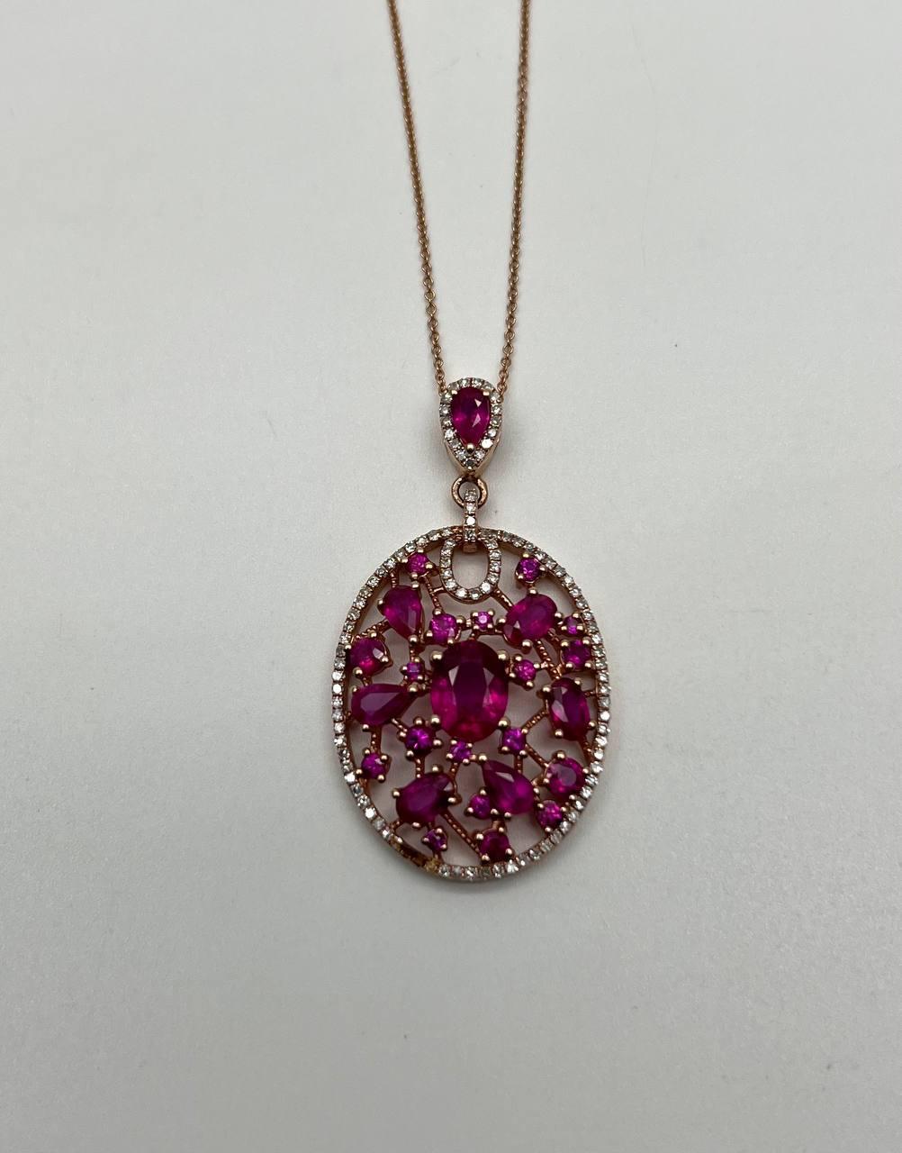 Red Pink Ruby Diamond Halo 14K Rose Gold Pendant Medallion Statement Necklace