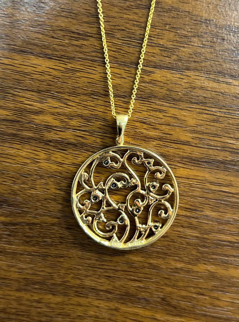 Blue Sapphire White Diamonds Floral Tree Nature 14K Yellow Gold Pendant Necklace