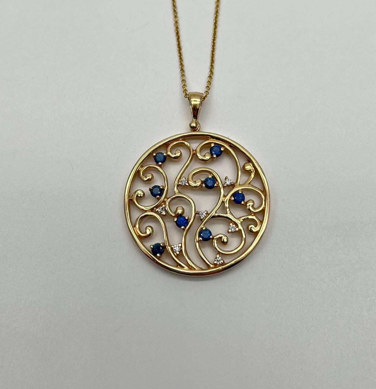 Blue Sapphire White Diamonds Floral Tree Nature 14K Yellow Gold Pendant Necklace