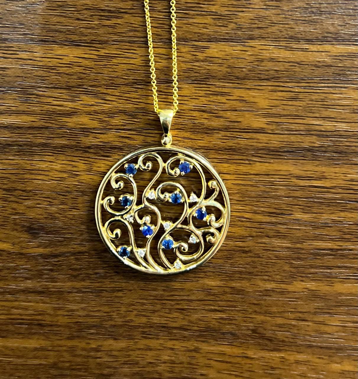 Blue Sapphire White Diamonds Floral Tree Nature 14K Yellow Gold Pendant Necklace