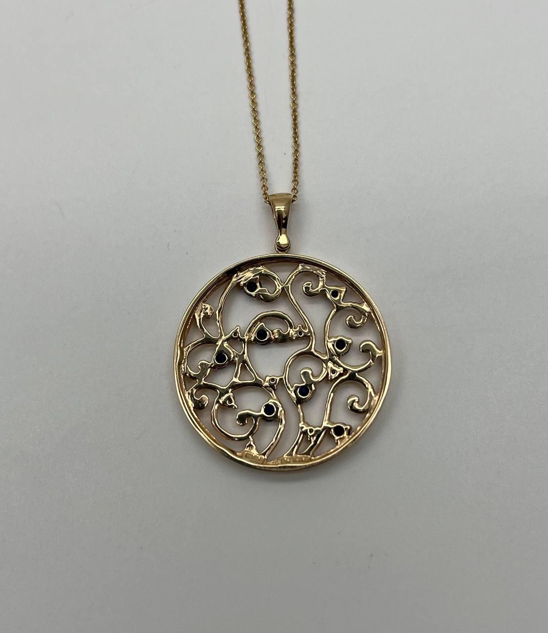 Blue Sapphire White Diamonds Floral Tree Nature 14K Yellow Gold Pendant Necklace