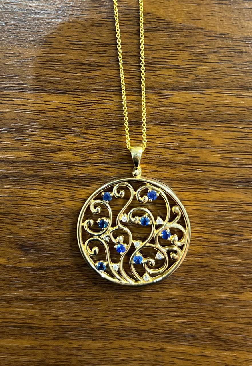 Blue Sapphire White Diamonds Floral Tree Nature 14K Yellow Gold Pendant Necklace