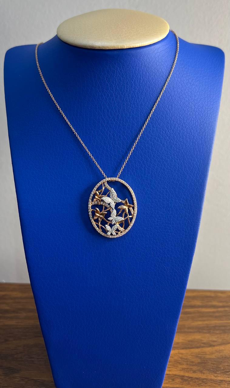 Butterfly Butterflies Diamond Pave Set 14K Rose Gold Pendant Medallion Necklace