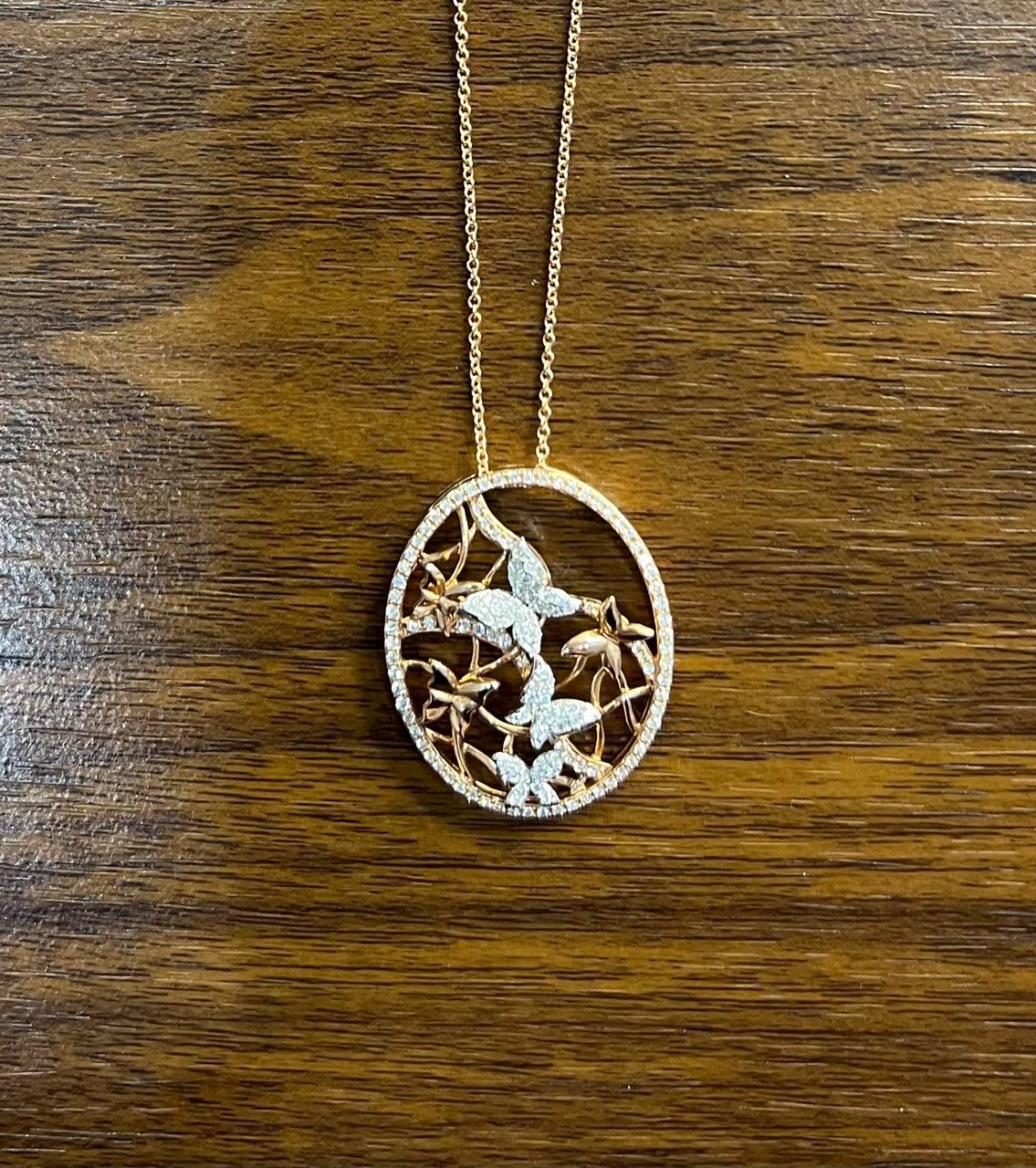 Butterfly Butterflies Diamond Pave Set 14K Rose Gold Pendant Medallion Necklace