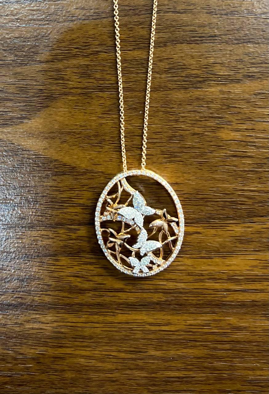Butterfly Butterflies Diamond Pave Set 14K Rose Gold Pendant Medallion Necklace
