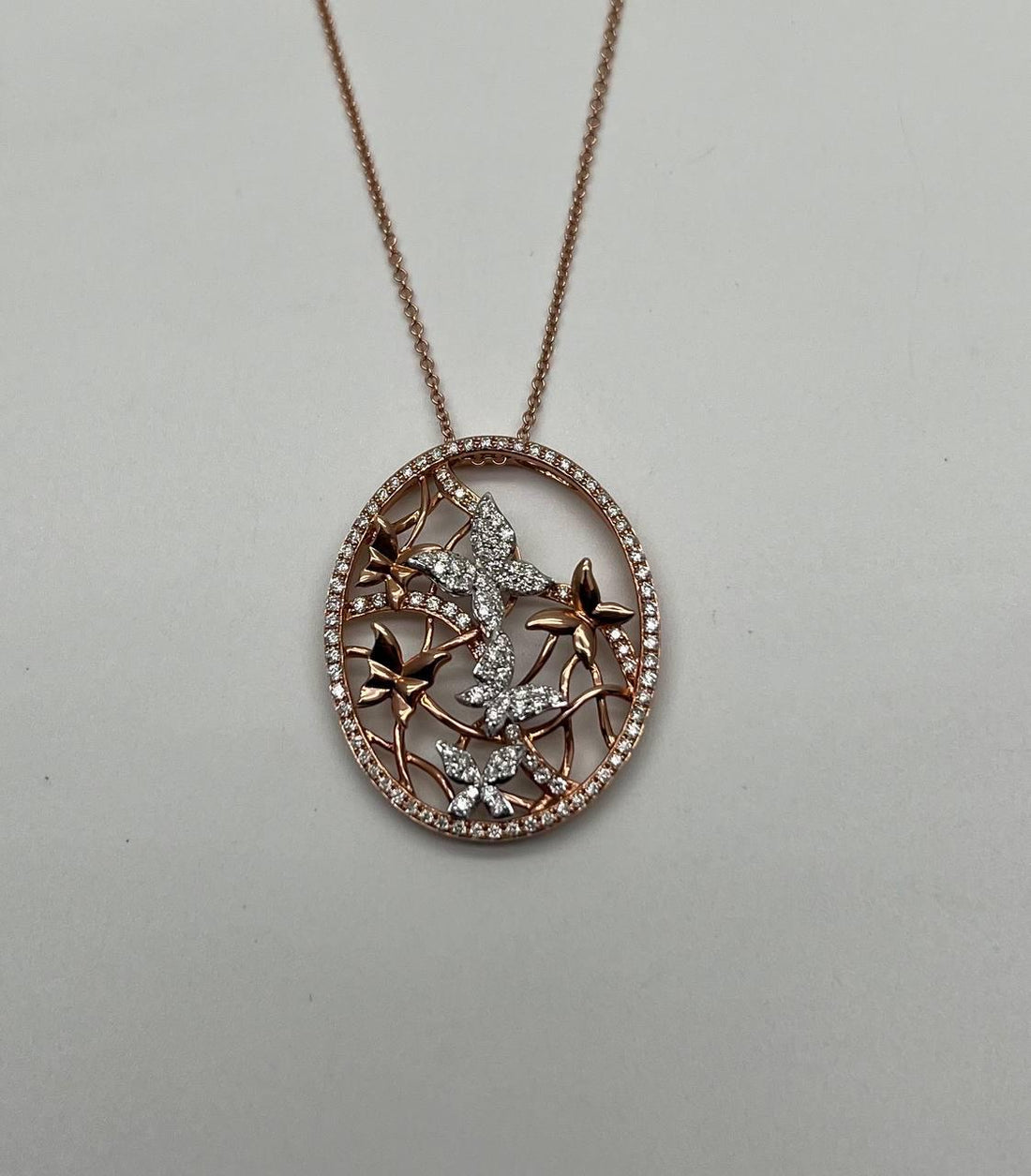 Butterfly Butterflies Diamond Pave Set 14K Rose Gold Pendant Medallion Necklace