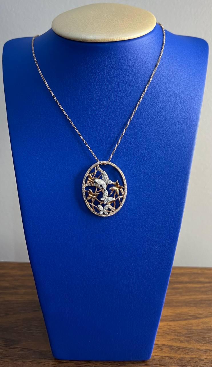 Butterfly Butterflies Diamond Pave Set 14K Rose Gold Pendant Medallion Necklace