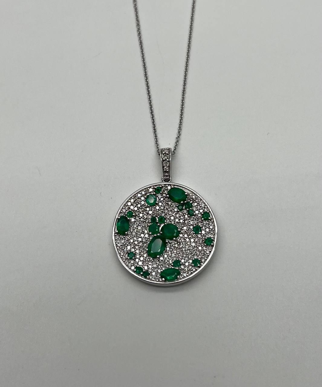 Green Emerald & White Diamond Cluster Pave Set 14K White Gold Pendant Necklace