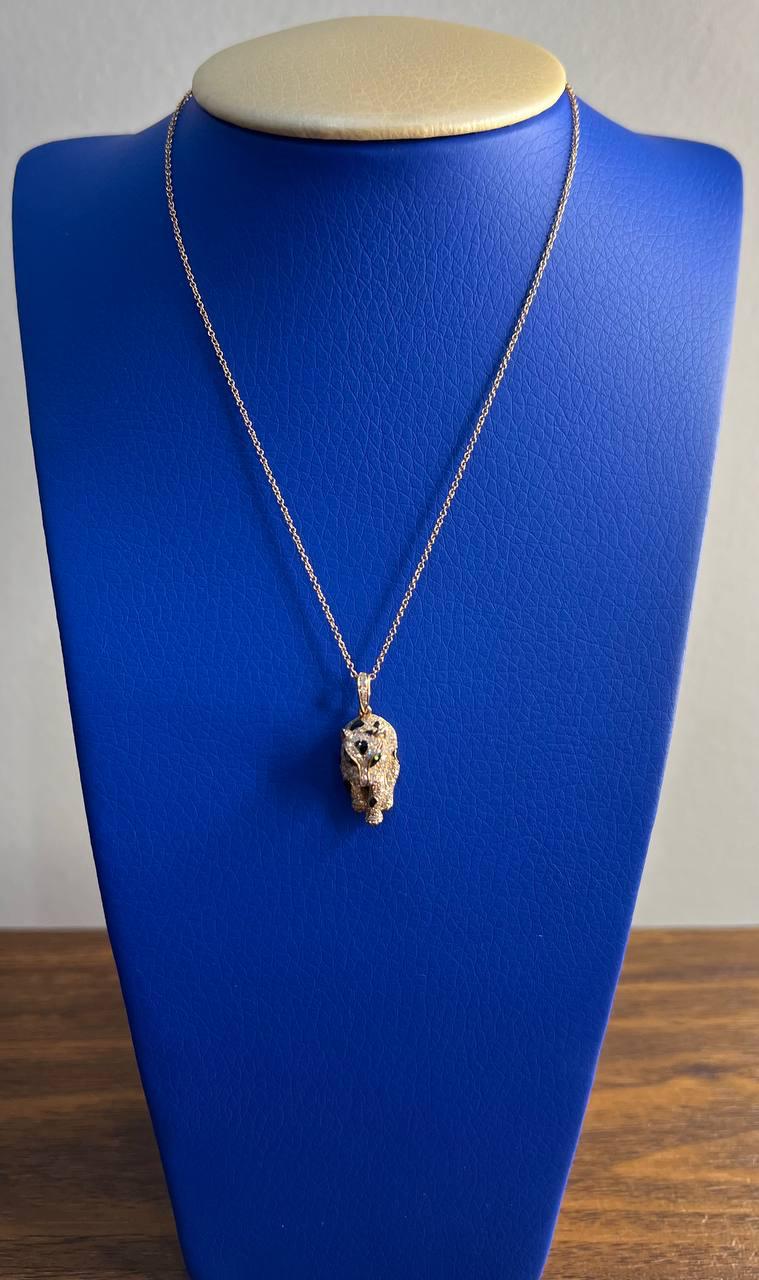 Diamond Leopard Jaguar Panther Halo 14K Rose Gold Pendant Medallion Necklace