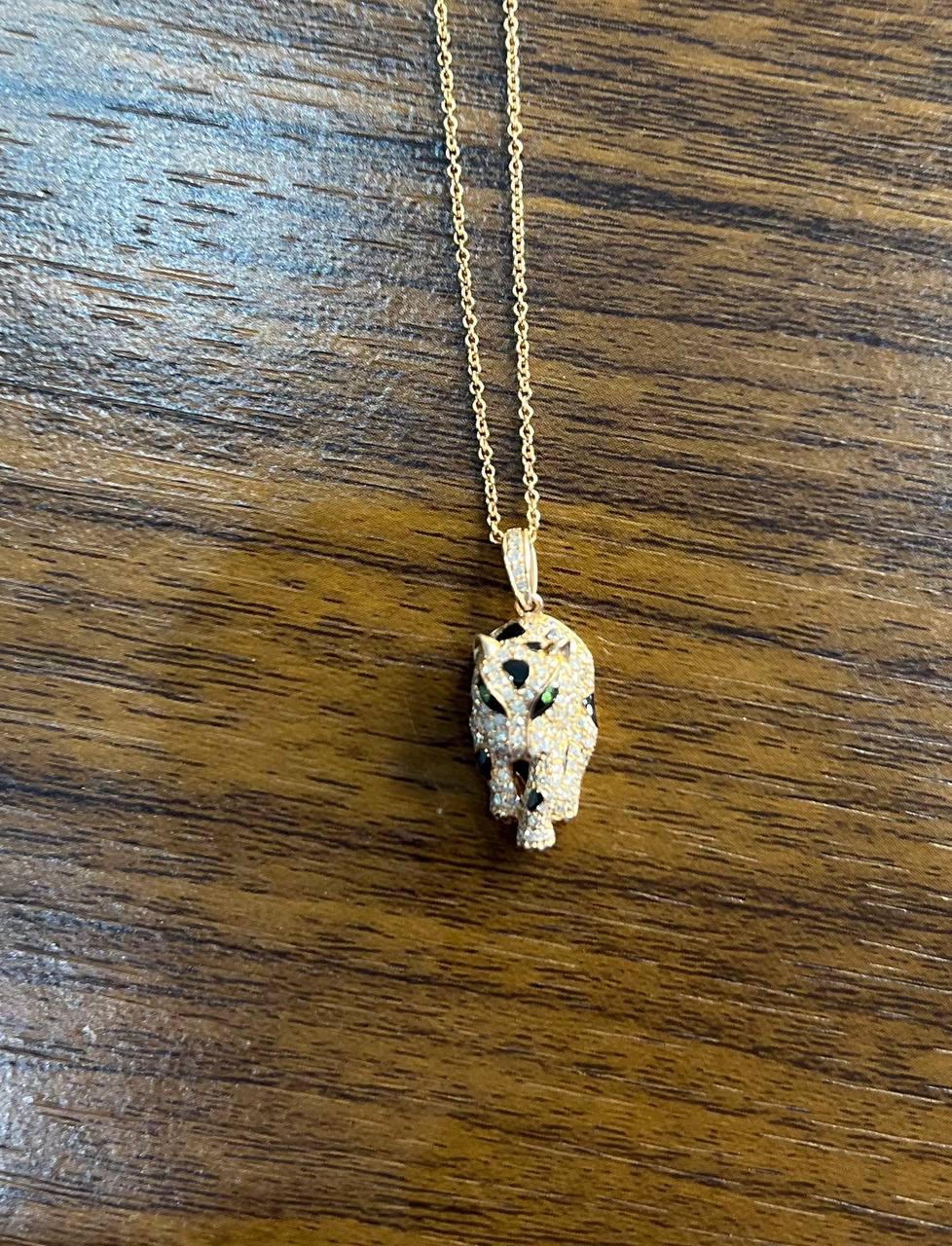 Diamond Leopard Jaguar Panther Halo 14K Rose Gold Pendant Medallion Necklace