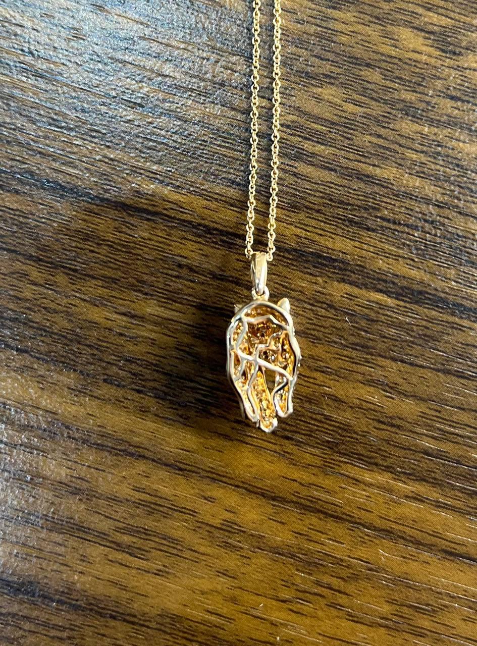 Panther Leopard Jaguar Lion 14K Rose Gold Green Emeralds Eye Pendant Necklace