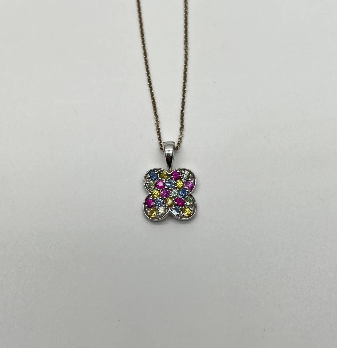 Rainbow Colorful Gemstones Pave 14K White Gold Pendant Necklace