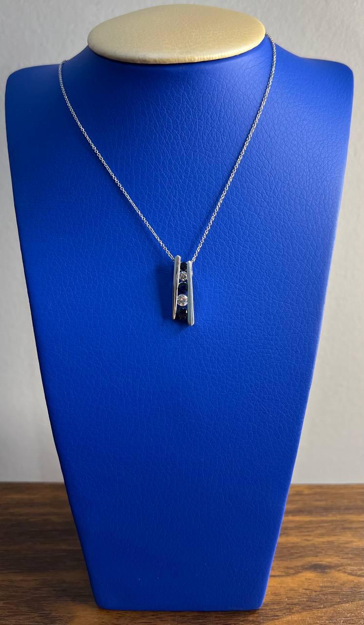 Round Blue Sapphire & Diamonds Tension Set 14K White Gold Pendant Necklace