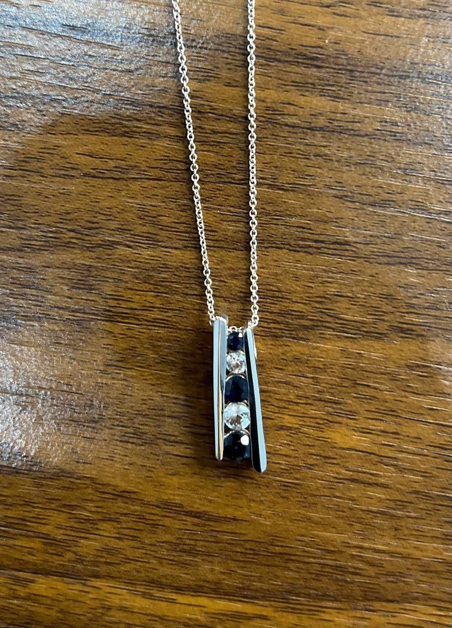 Round Blue Sapphire & Diamonds Tension Set 14K White Gold Pendant Necklace