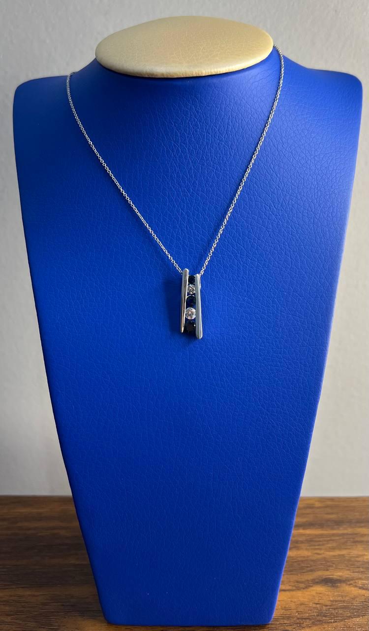 Round Blue Sapphire & Diamonds Tension Set 14K White Gold Pendant Necklace