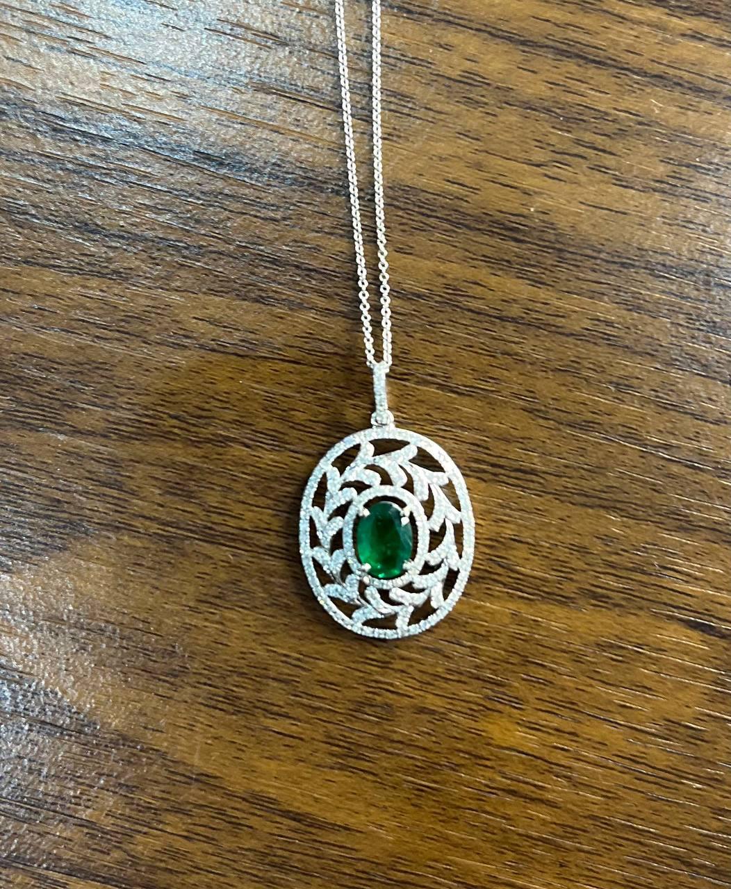 Green Emerald Leaf Leaves Wreath Diamond Halo 14K White Gold Pendant Necklace