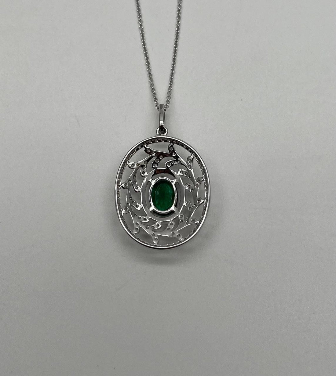 Green Emerald Leaf Leaves Wreath Diamond Halo 14K White Gold Pendant Necklace