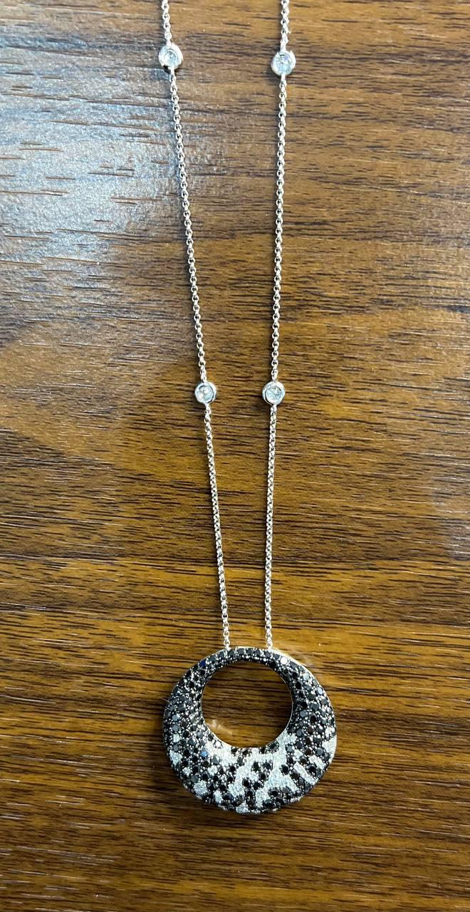 Black & White Zebra Diamonds Pave Set Moon Night Sky White Gold Pendant Neckace