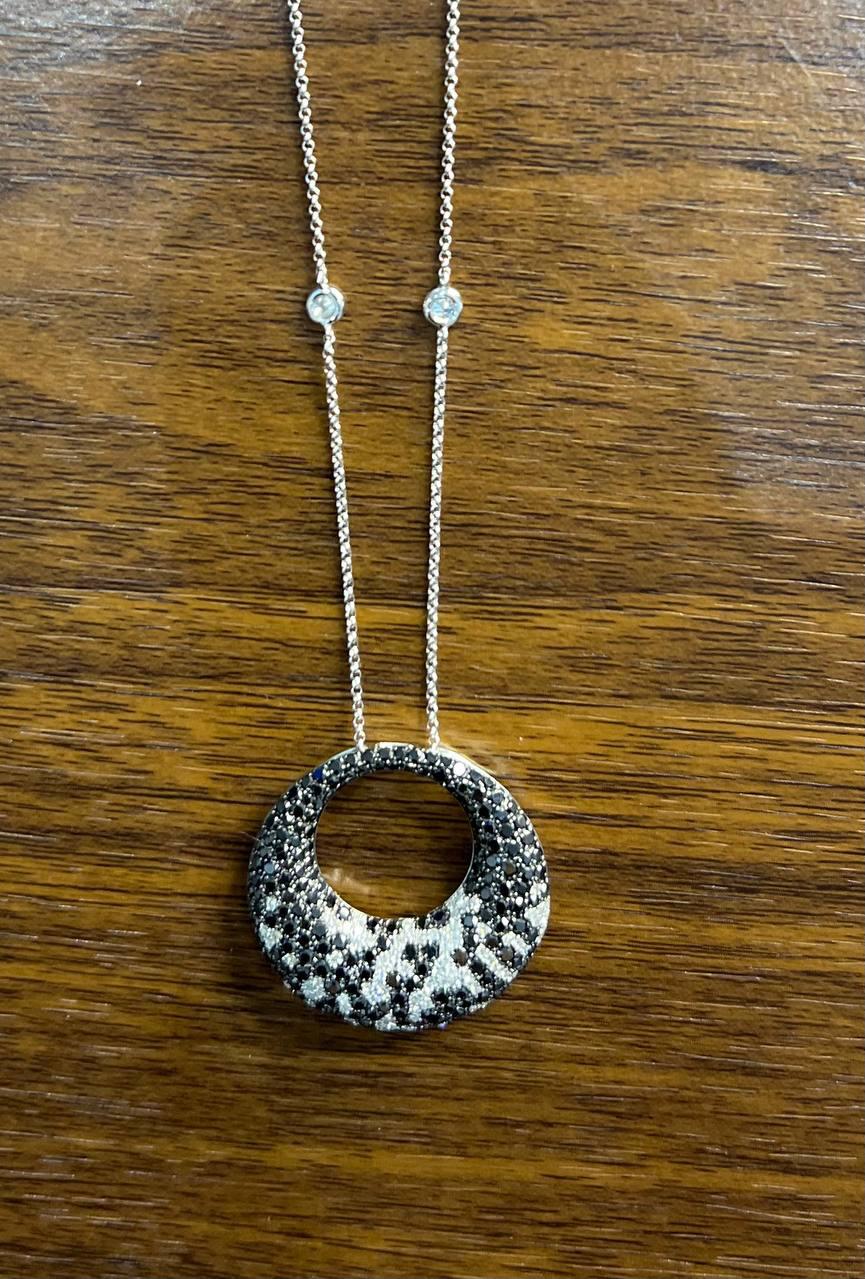 Black & White Zebra Diamonds Pave Set Moon Night Sky White Gold Pendant Neckace