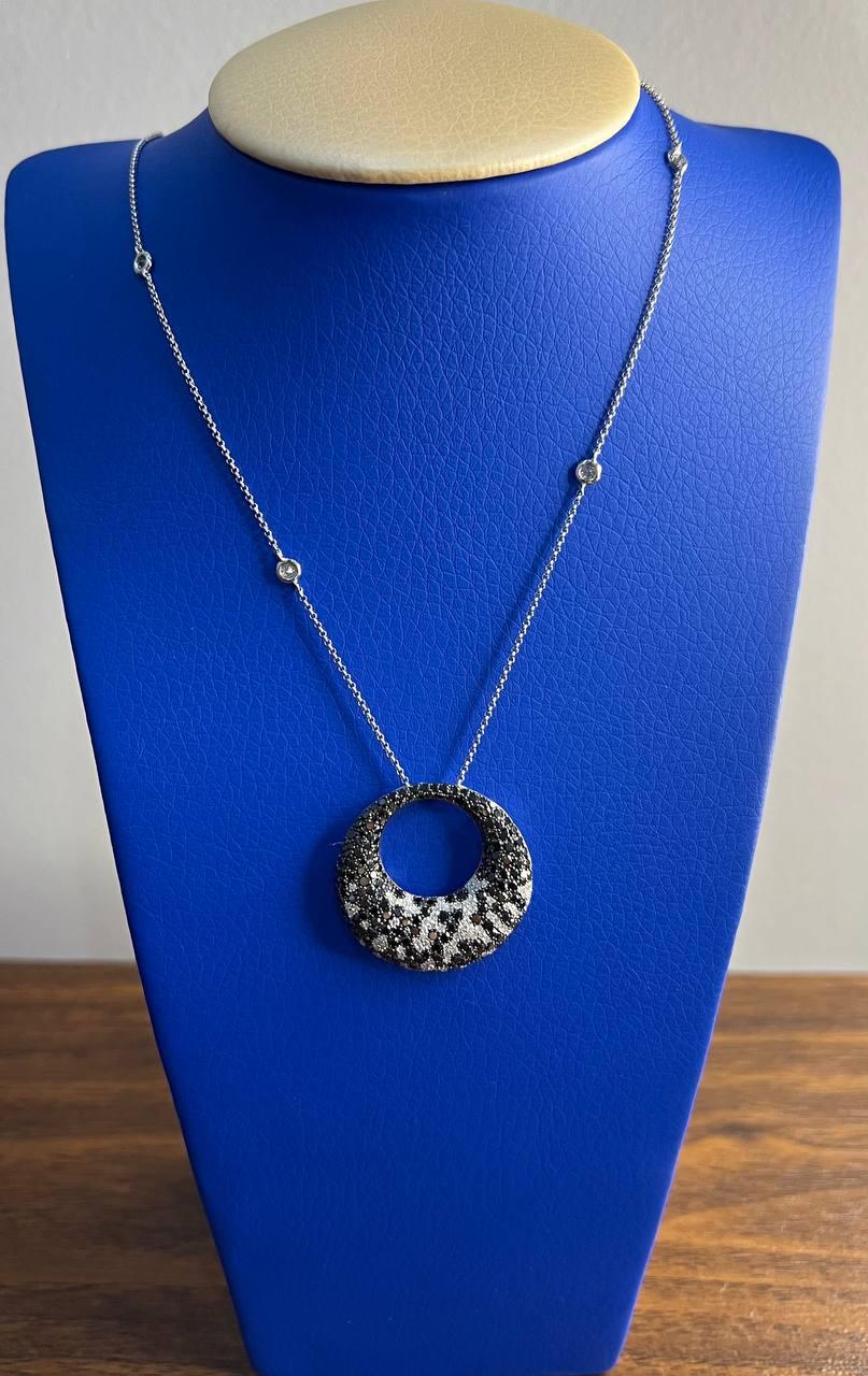 Black & White Zebra Diamonds Pave Set Moon Night Sky White Gold Pendant Neckace