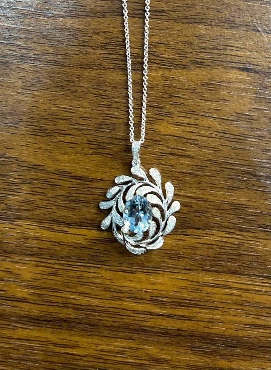 Oval Shape Blue Aquamarine Leaf Leaves 14K White Gold Diamond Pendant Necklace