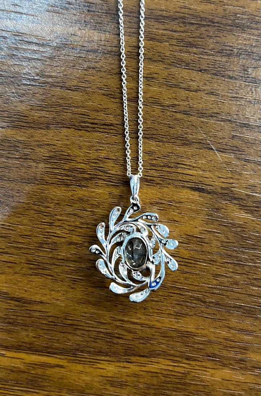 Oval Shape Blue Aquamarine Leaf Leaves 14K White Gold Diamond Pendant Necklace