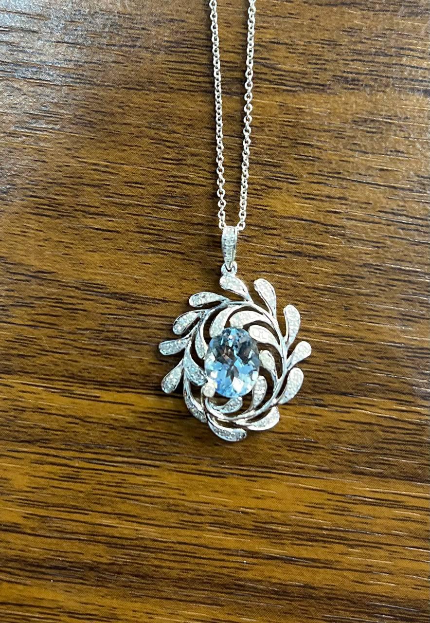 Oval Shape Blue Aquamarine Leaf Leaves 14K White Gold Diamond Pendant Necklace