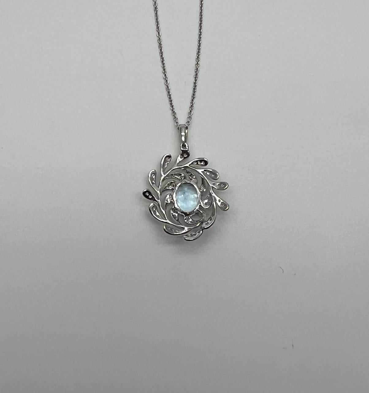 Oval Shape Blue Aquamarine Leaf Leaves 14K White Gold Diamond Pendant Necklace