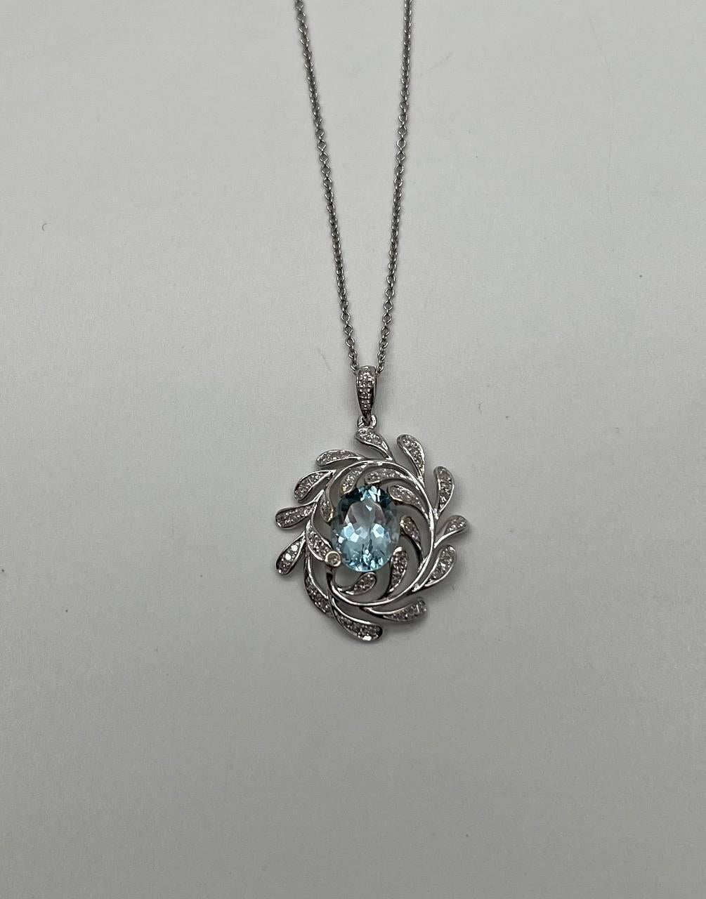 Oval Shape Blue Aquamarine Leaf Leaves 14K White Gold Diamond Pendant Necklace