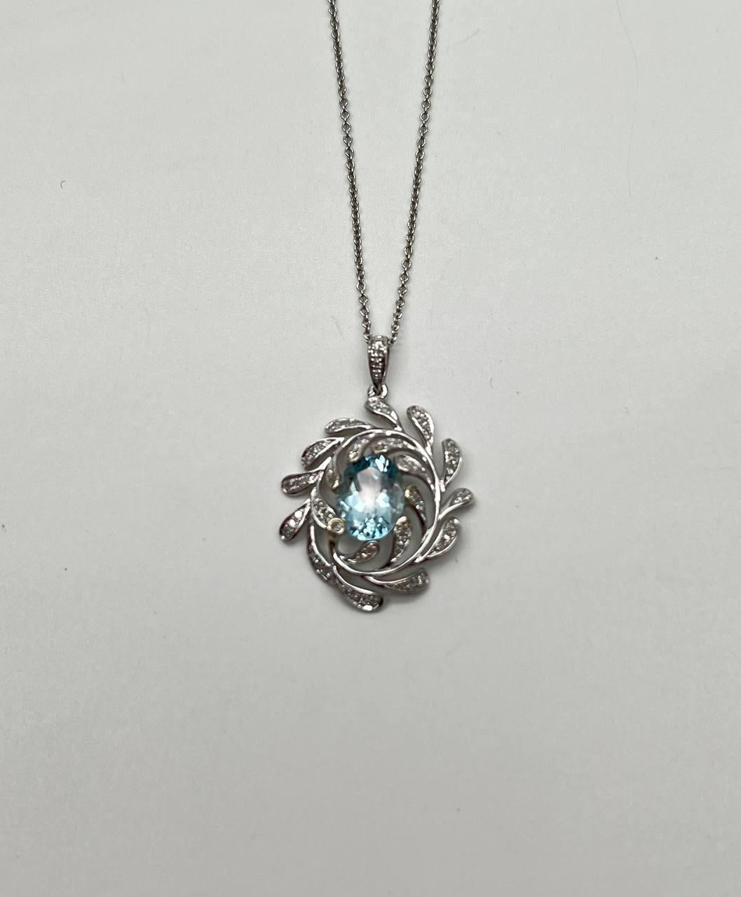 Oval Shape Blue Aquamarine Leaf Leaves 14K White Gold Diamond Pendant Necklace
