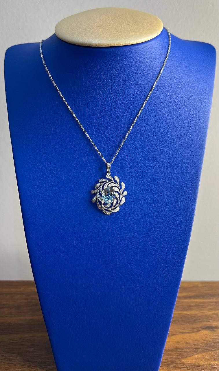 Oval Shape Blue Aquamarine Leaf Leaves 14K White Gold Diamond Pendant Necklace