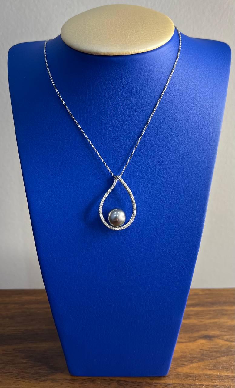 Silver Grey Black Tahitian Pearl Diamond 14K White Gold Form Pendant Necklace