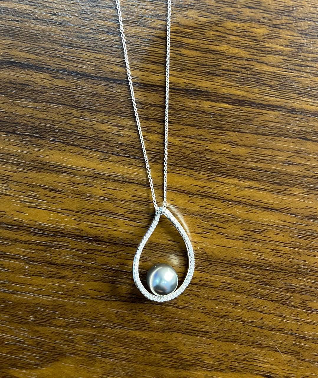 Silver Grey Black Tahitian Pearl Diamond 14K White Gold Form Pendant Necklace