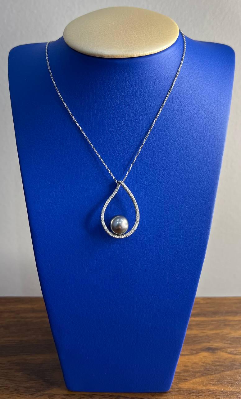 Silver Grey Black Tahitian Pearl Diamond 14K White Gold Form Pendant Necklace