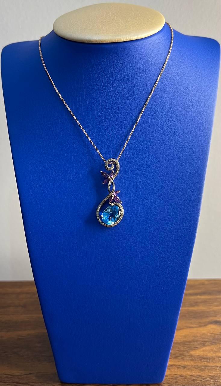 Oval Shape Swiss Blue Topaz Amethysts Floral Flower Rose Gold Diamond Earrings