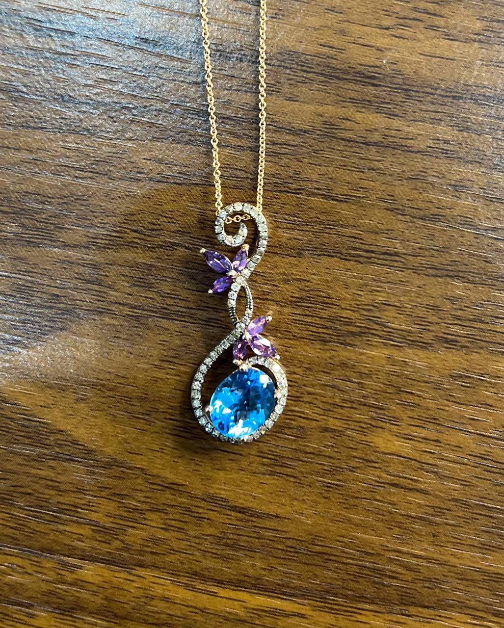 Oval Shape Swiss Blue Topaz Amethysts Floral Flower Rose Gold Diamond Earrings