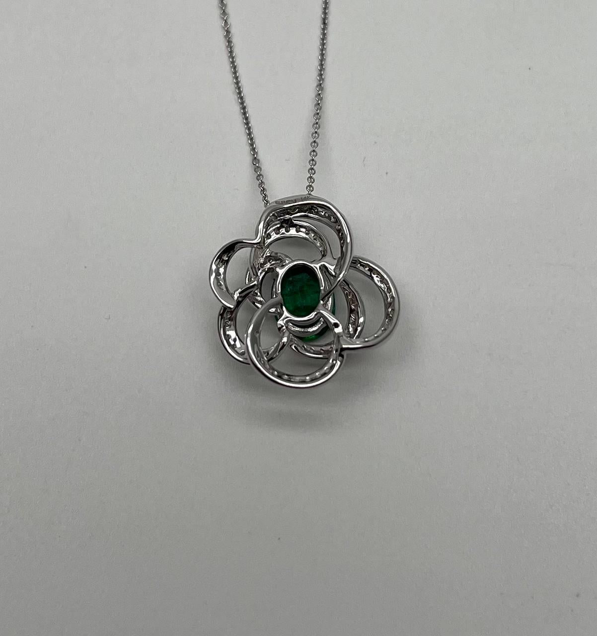 Oval Shape Green Emerald White Diamond Halo 14K White Gold Pendant Necklace