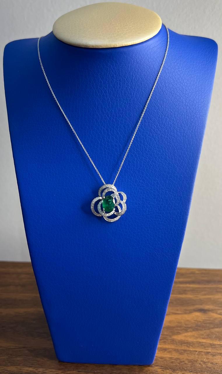 Oval Shape Green Emerald White Diamond Halo 14K White Gold Pendant Necklace