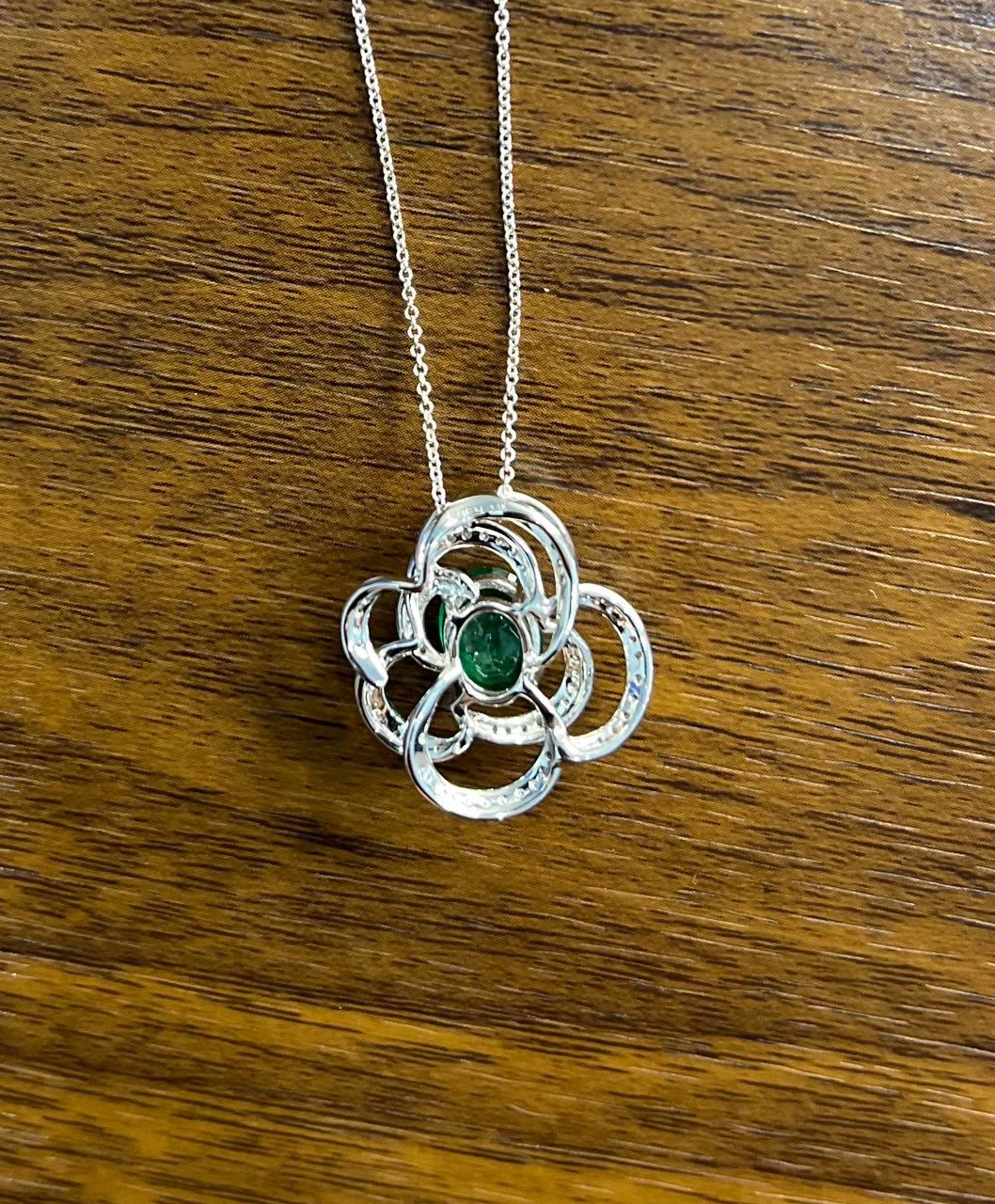 Oval Shape Green Emerald White Diamond Halo 14K White Gold Pendant Necklace