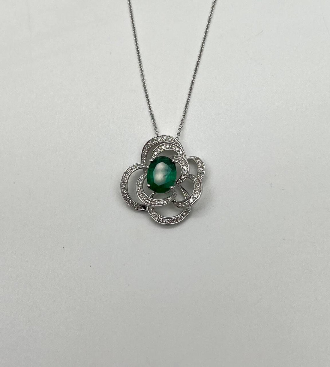 Oval Shape Green Emerald White Diamond Halo 14K White Gold Pendant Necklace