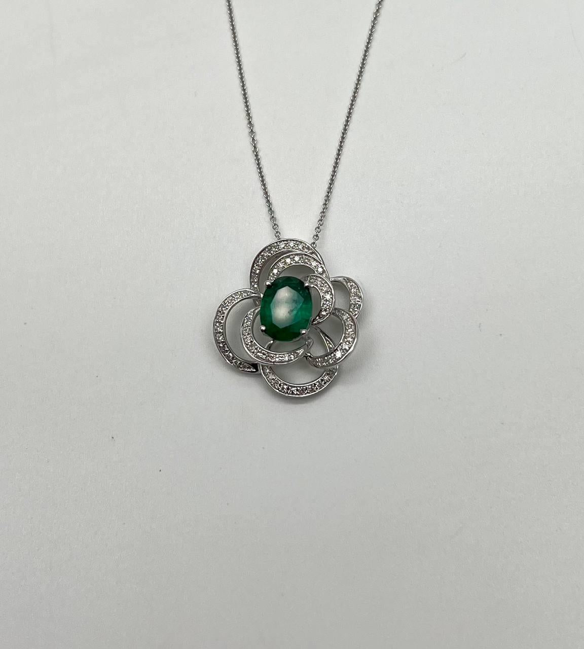 Oval Shape Green Emerald White Diamond Halo 14K White Gold Pendant Necklace